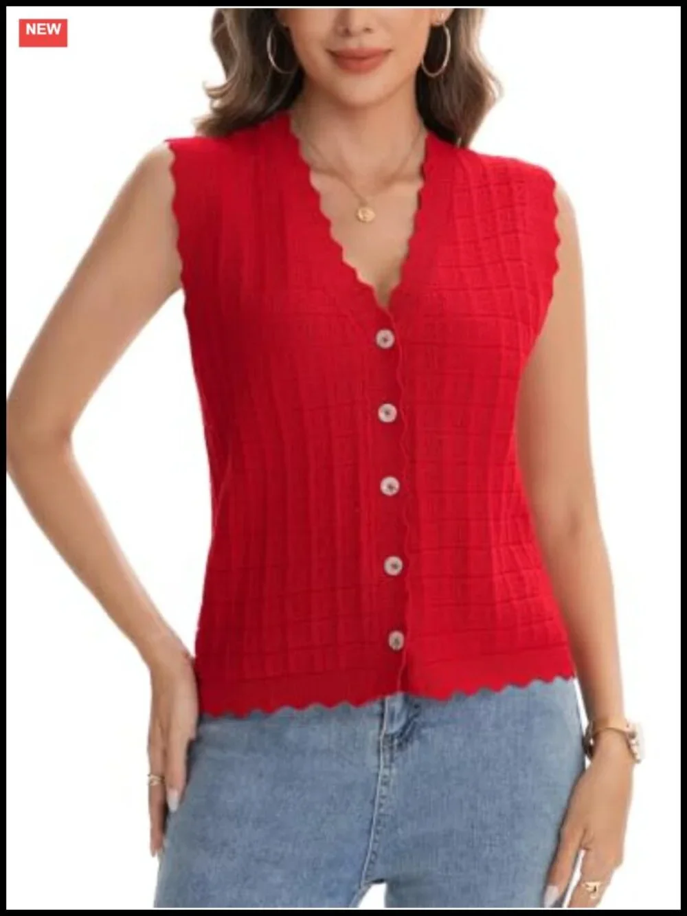 Women's Scallop Edge Waffle Knit Sweater Vest Button Front Sleeveless Cardigan